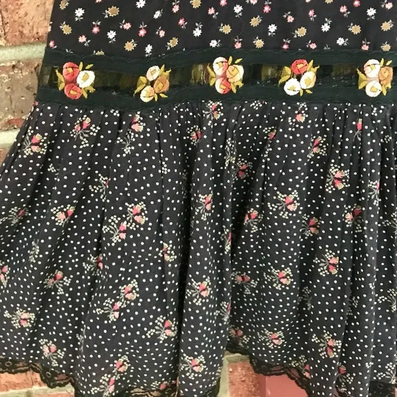 Vtg🎀Gunne Sax Black Calico Skirt Size S Prairie Midi Lace Trim👒🌾(RESERVED) - Picture 4 of 15